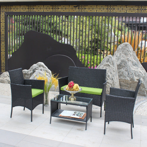 4 PC Rattan Patio Furniture Set Outdoor Patio Cushioned Seat Wicker Sofa Green Cushion - FUTURISTIC FLAIR