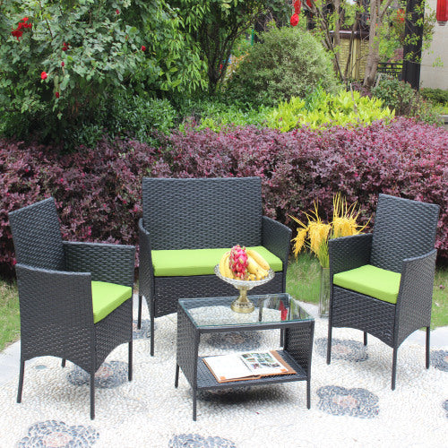4 PC Rattan Patio Furniture Set Outdoor Patio Cushioned Seat Wicker Sofa Green Cushion - FUTURISTIC FLAIR