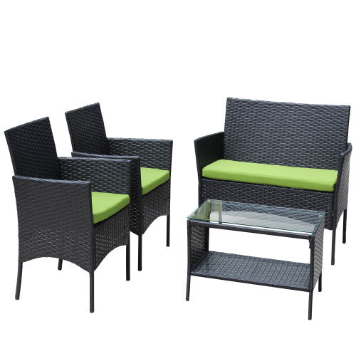 4 PC Rattan Patio Furniture Set Outdoor Patio Cushioned Seat Wicker Sofa Green Cushion - FUTURISTIC FLAIR