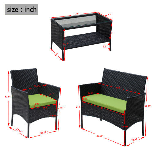 4 PC Rattan Patio Furniture Set Outdoor Patio Cushioned Seat Wicker Sofa Green Cushion - FUTURISTIC FLAIR