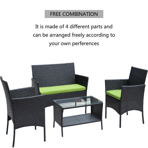 4 PC Rattan Patio Furniture Set Outdoor Patio Cushioned Seat Wicker Sofa Green Cushion - FUTURISTIC FLAIR