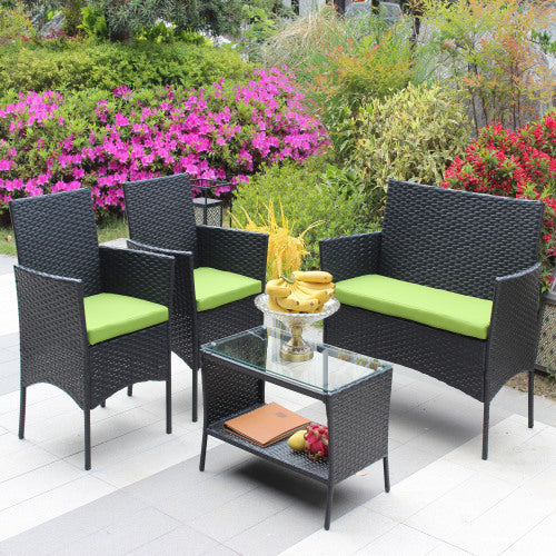 4 PC Rattan Patio Furniture Set Outdoor Patio Cushioned Seat Wicker Sofa Green Cushion - FUTURISTIC FLAIR