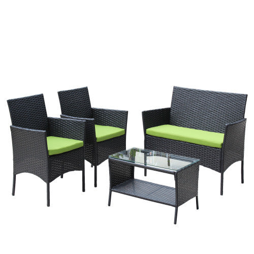 4 PC Rattan Patio Furniture Set Outdoor Patio Cushioned Seat Wicker Sofa Green Cushion - FUTURISTIC FLAIR