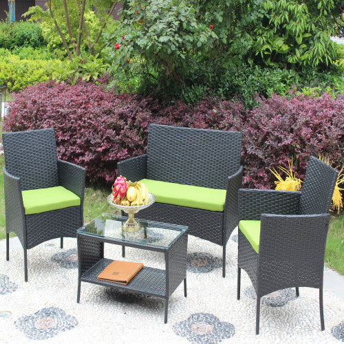 4 PC Rattan Patio Furniture Set Outdoor Patio Cushioned Seat Wicker Sofa Green Cushion - FUTURISTIC FLAIR