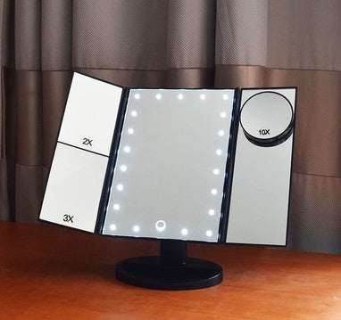 Three-sided Foldable Magnifying Desktop Makeup Mirror With Lamp - FUTURISTIC FLAIR 