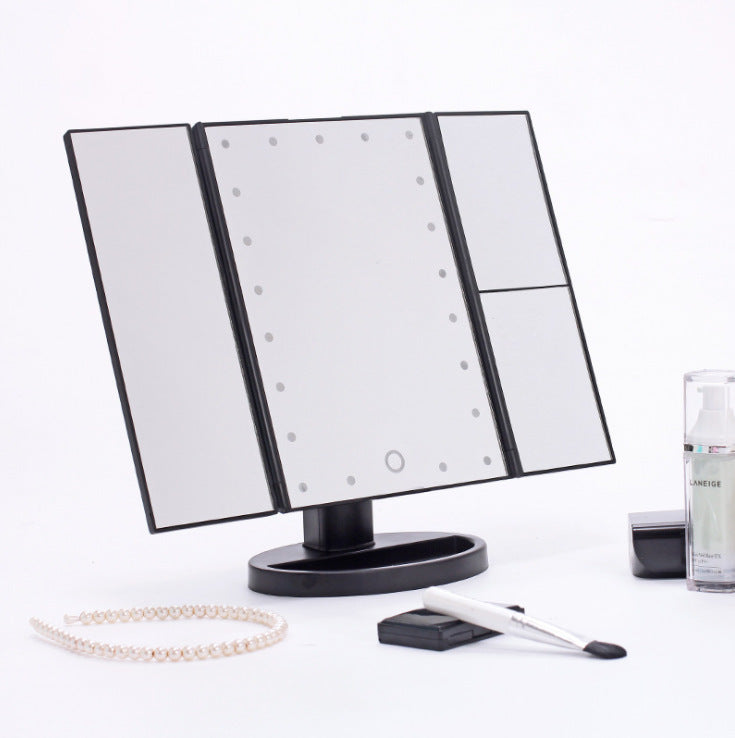 Three-sided Foldable Magnifying Desktop Makeup Mirror With Lamp - FUTURISTIC FLAIR 