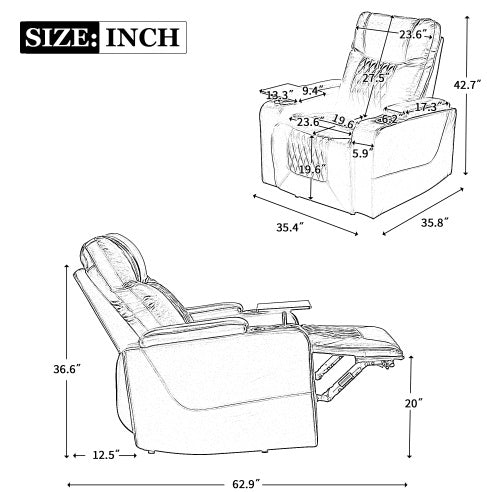 Power Motion Recliner With USB Charging Port And Hidden Arm Storage 2 Convenient Cup Holders Design And 360 Swivel Tray Table,Brown - FUTURISTIC FLAIR 